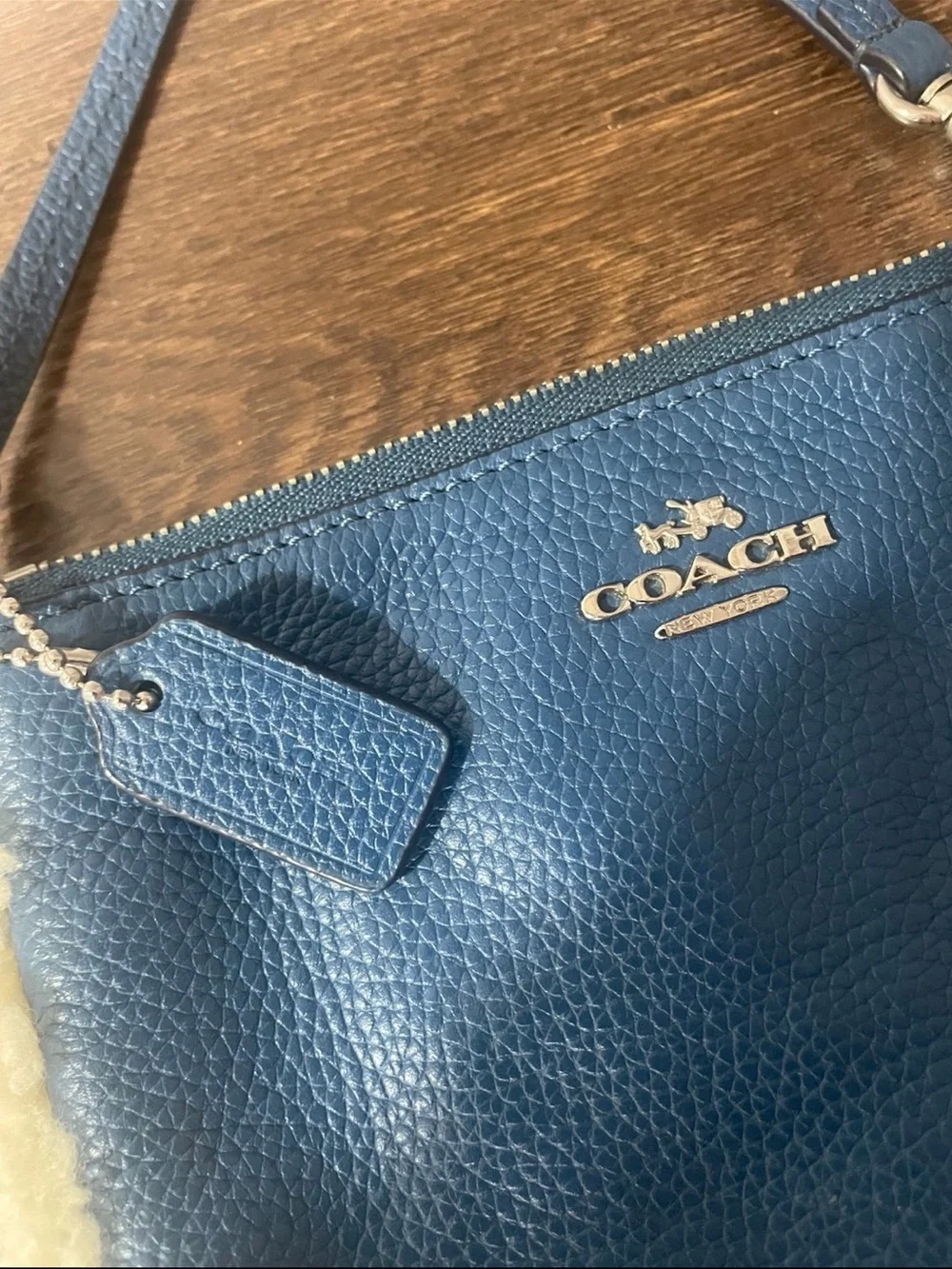 Coach Blue Pebbled Leather Shoulder Wristlet with Cream Shearling Trim
